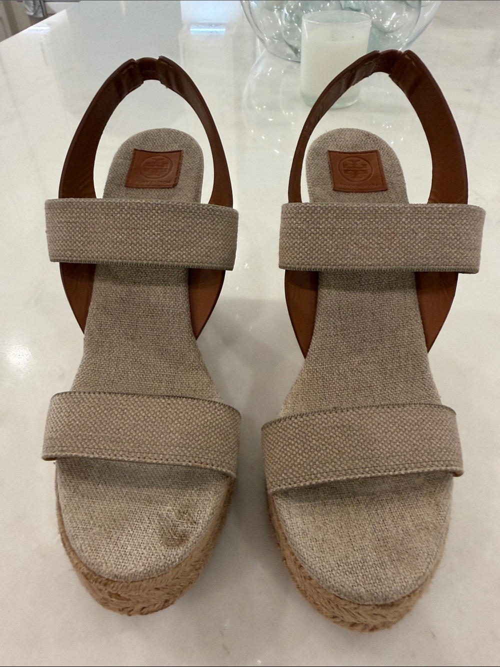 Tory Burch Neutral Canvas Espadrille Slingback Sandals